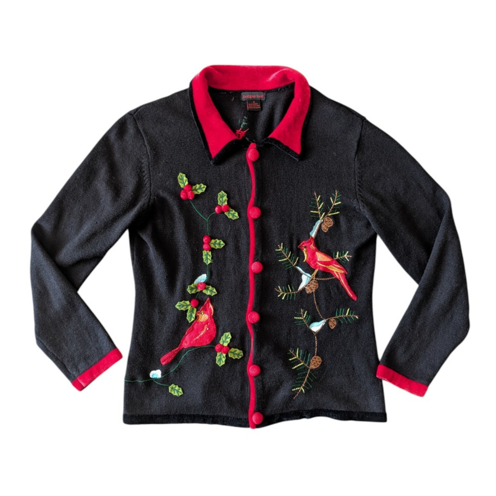 Bonnie Bell Black Cardinal Bird Christmas Cardigan Sweater Medium Holiday Xmas